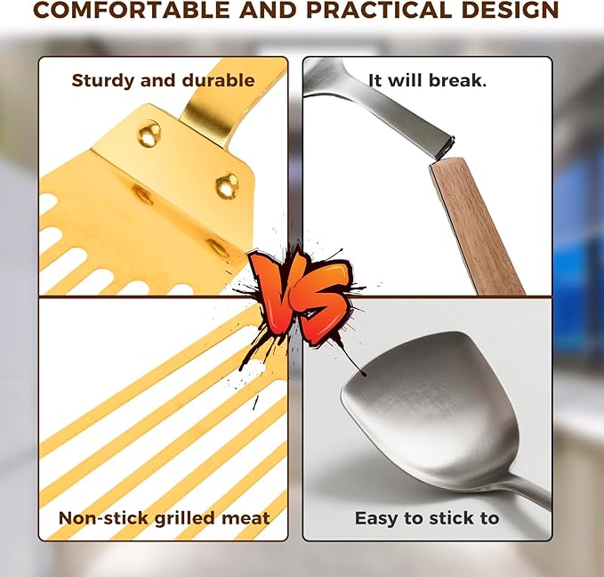 Snailhouse Slotted Spatula, Stainless Steel Metal High Heat Cooking Fish Turner Spatula for Kitchen Use Flipping, Turning, Frying, Gold