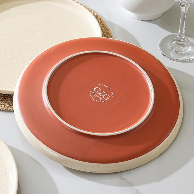 GZG Ceramic Dinner Plates Set of 4, 10.25 Inch Speckled Stoneware Plates with Clay-Tone Base, Large Ceramic Plates for Steak, Salad, Pizza, Microwave Oven Dishwasher Safe