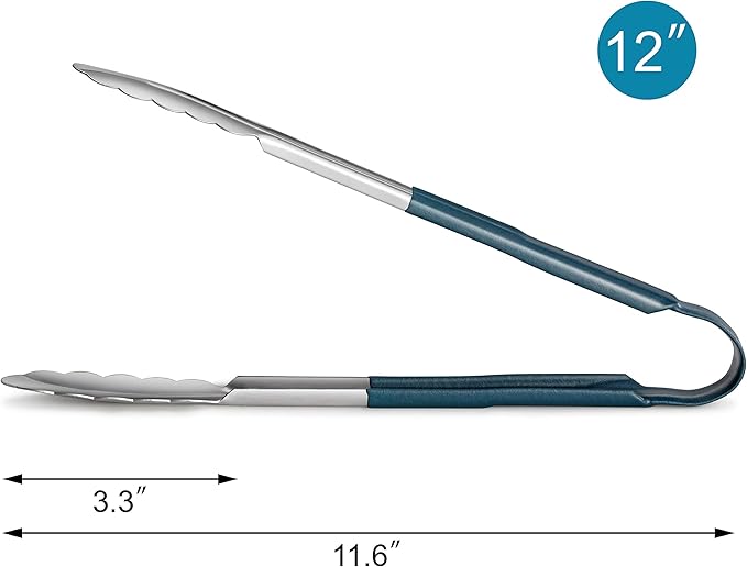 New Star Foodservice 35759 12-Inch Utility Spring Tongs, Stainless Steel, Vinyl Coated, Set of 12, Blue