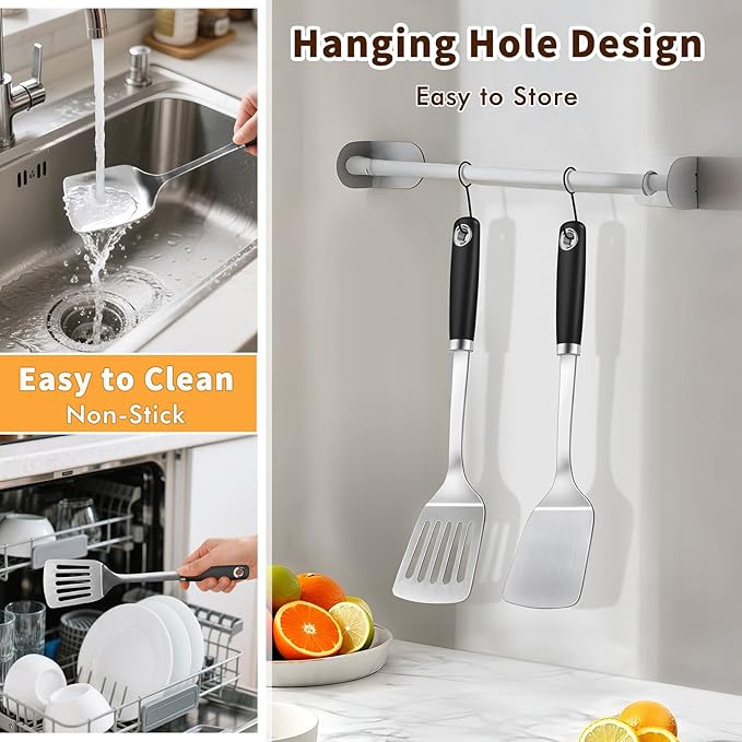 Stainless Steel Spatula, Metal Spatula Solid Turner, Heavy Duty Sturdy Spatulas for Kitchen Use, High Heat Resistant Cooking Utensils for Fish Eggs Pancakes, Dishwasher Safe, Easy to Clean, Silver