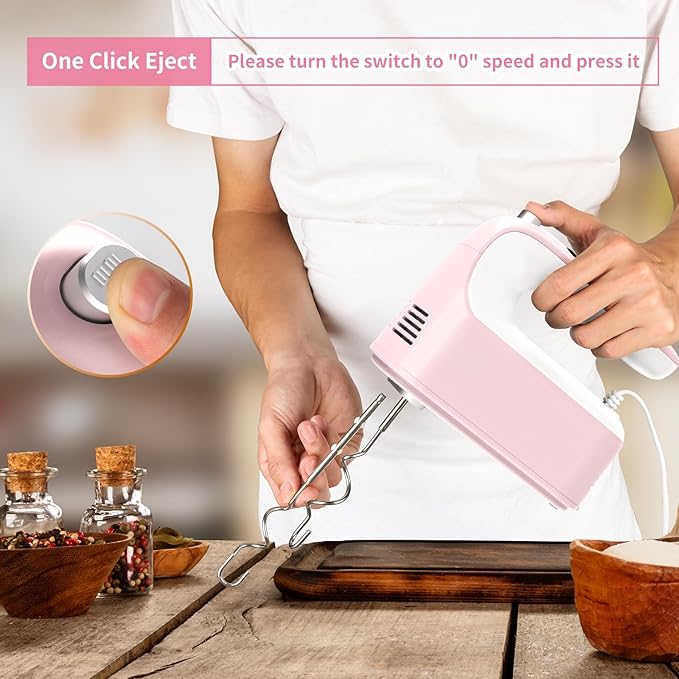 9-Speed Digital Hand Mixer Electric, 400W Powerful DC Motor, Baking Handheld with Snap-On Storage Case, 5 Stainless Steel Accessories, Flat Beaters, Dough Hooks, Whisk(Pink/White)