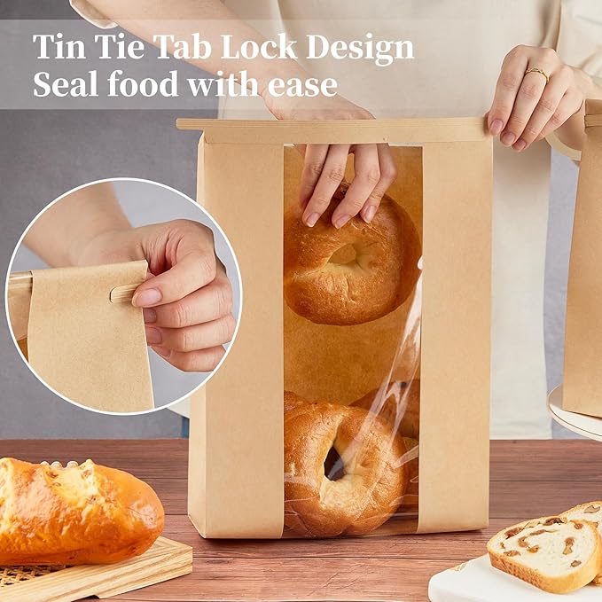 50 PCS Large Paper Bread Bags for Sourdough Bread, 13.7 x 8.2 x 3.5 Inches Bakery Bags with Window, Homemade Bread Loaf Bags with Tin Tie Tab Lock