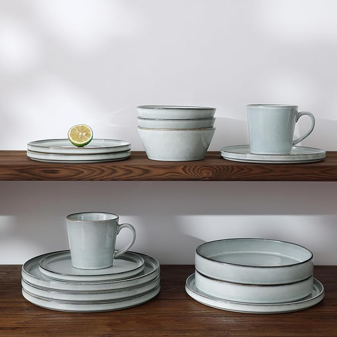 Famiware Annecy Plates and Bowls Sets, Stoneware Dinnerware Sets for 4, 12 Pieces Dish Set with Lipped Edges, Chip and Scratch Resistant, Microwave and Dishwasher Safe, Grey-Blue