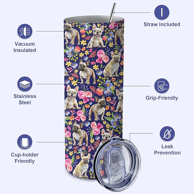 Yogusut French Bulldog Gifts for Women, 20oz Stainless Steel Insulated Tumbler Travel Mug Cup with Lid Straw Brush, Gifts for Dog Mom Dog Lover