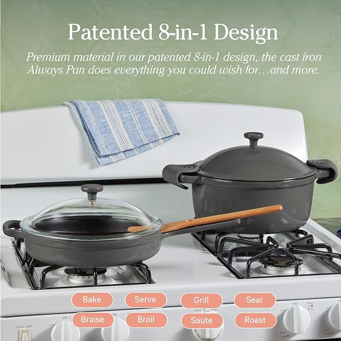 Our Place Cast Iron Always Pan | Premium Enameled, Toxin-Free Surface | 10-inch 8-in-1 Multifunctional Cookware System | Lid, Handle Covers | Heavy Duty Skillet | Oven & High Heat Safe | Char