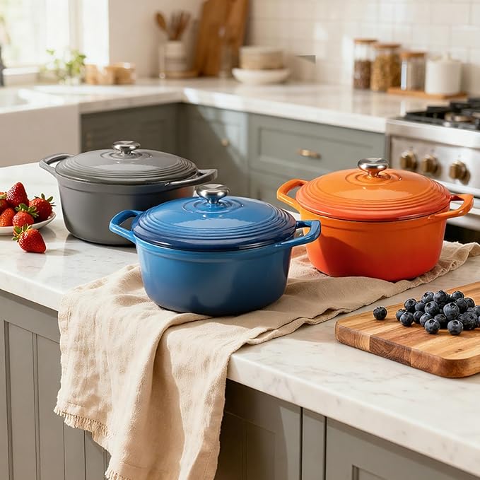 Overmont Refined Enameled Cast Iron Dutch Oven - 5.5QT Pot with Wide Handles Lid Cookbook & Cotton Potholders - Heavy-Duty Pre-Seasoned Cookware Oven Safe to 500째F for Braising, Stews, Roasting, Bread Baking