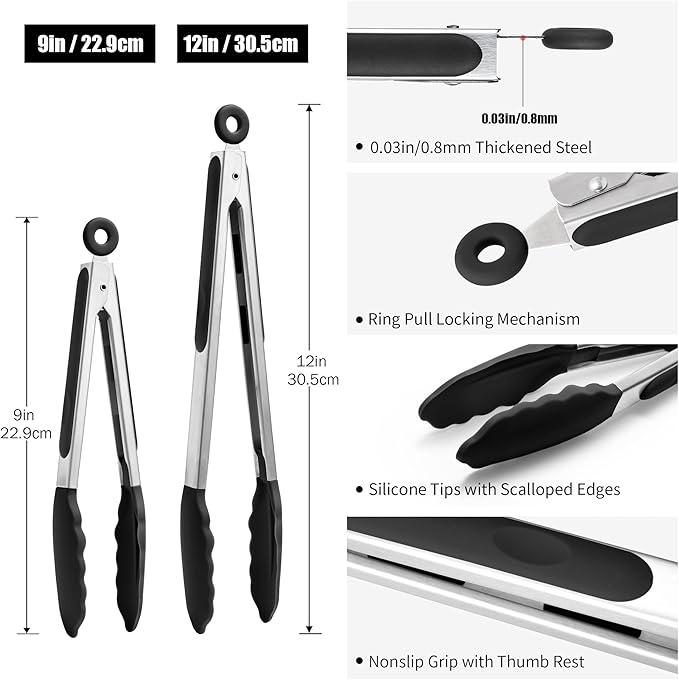 Doosu Kitchen Tongs for Cooking - 600째F Heat Resistant Food Tong Set with Non-Scratch Silicone Tips, Heavy Duty Stainless Steel Locking Tong for BBQ, Grilling Steak, Serving Salad (9+12in, Black)