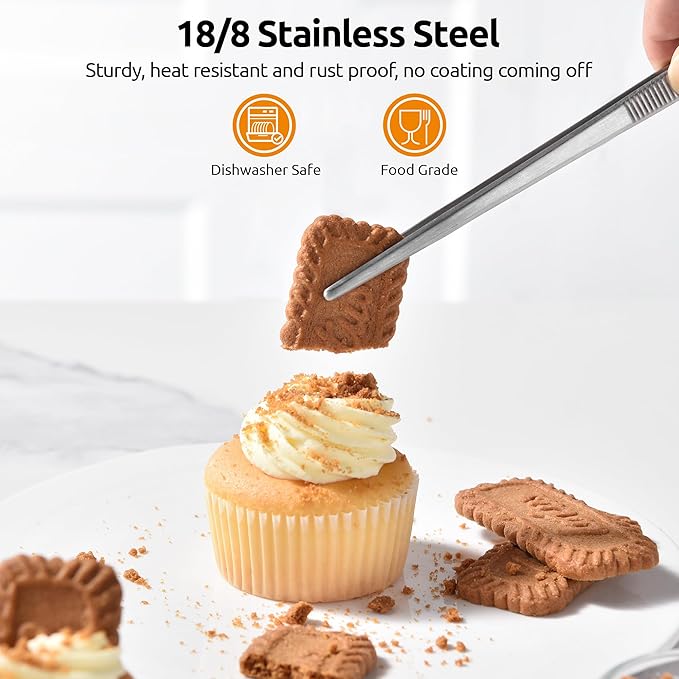 U-Taste 10in Kitchen Cooking Tweezer: 18/8 Stainless Steel Food-Grade Metal Food Tong, Seamless-Welding, Sturdy, Flexible and Non-Slip for Pasta Salad Serving, Grilling, Frying, Baking (Pointed Tip)