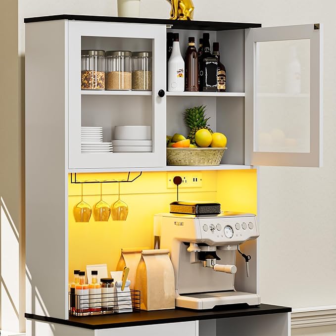71?섃셁itchen Pantry Storage Cabinet with LED Lights and Power Outlet, Tall Farmhouse Kitchen Hutch with Microwave Stand,Globet Hooks and Adjustable Shelf for Dining Living Room,White