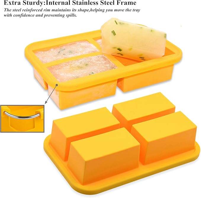 Bangp 1-Cup Silicone Freezing Trays with Lid,2 Pack,Easy-Release Silicone Freezer Molds for Soup Ice Cubes,Soup Freezer Molds,Freeze & Store Broth,Sauce,Leftovers - Makes 8 Perfect 1 Cup Portions