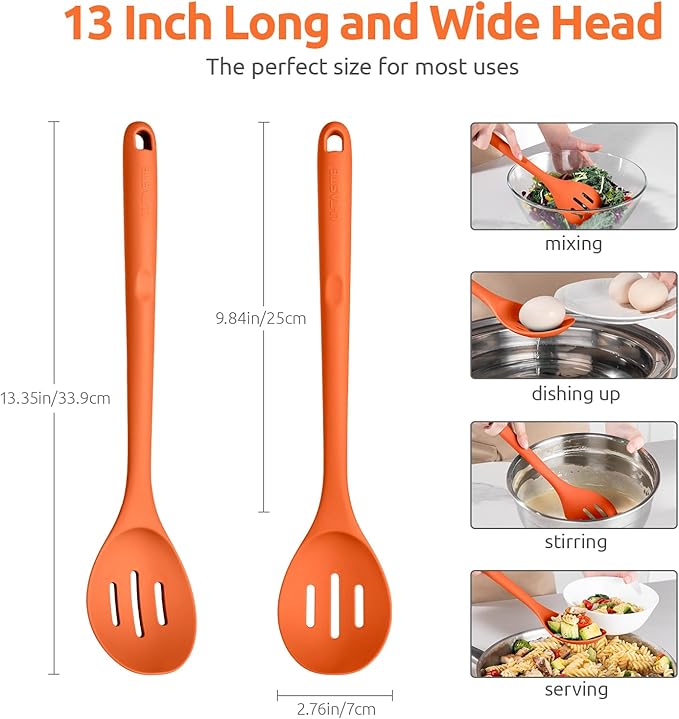 600쨘F Heat Resistant Slotted Spoon: U-Taste 13.3in Solid Kitchen Cooking Spoon, Nonstick Food Grade Large & Long Rubber Utensil for Mixing, Serving, Stirring, Basting, Frying, Draining (Orange)