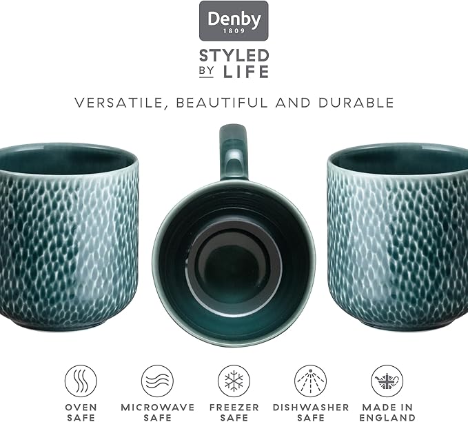 Denby - Carved Green Large Mug - 14 Ounce - 4.7 Inch - Dishwasher Microwave Oven Safe - Large Uniquely Textured Porcelain Mug - Scratch Chip Resistant