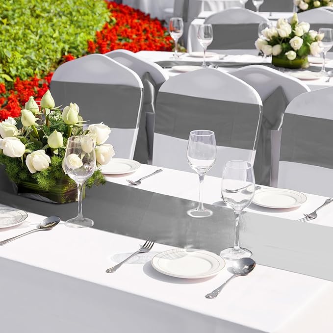 Bencailor 24 Pcs Dark Gray Satin Table Runner Bulk 12 x 108 Inches Long Table Runners Bright Smooth Fabric Tablecloth for Wedding Banquet Birthday Valentines St Patrick's Day Party Decorations