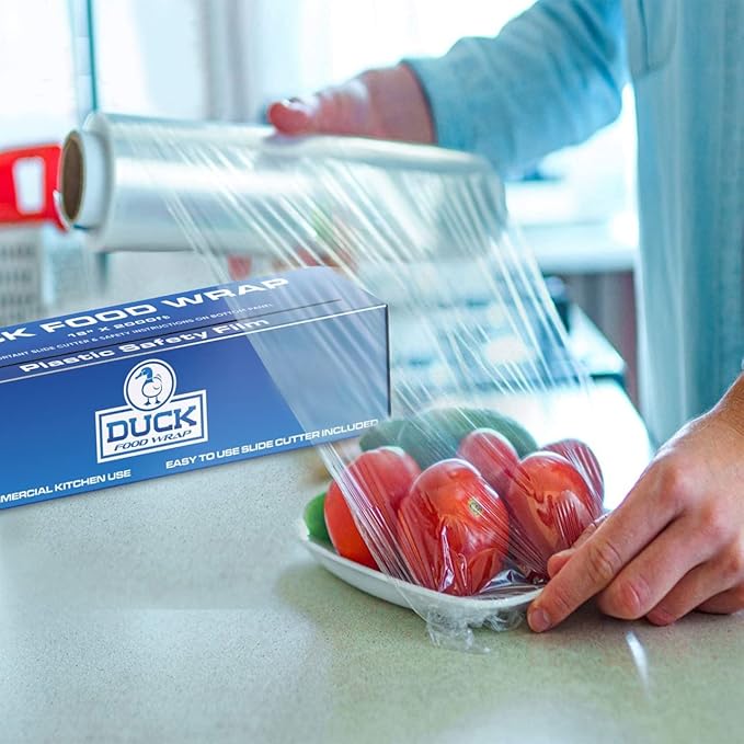 Duck Food Safety Film, 18 inch x 2000ft Plastic Wrap, Commercial Grade, Great for Sealing and Storage, Used for Food Service Industry, Easy to Use Slide Cutter for Clean Cut Use (4 Box)