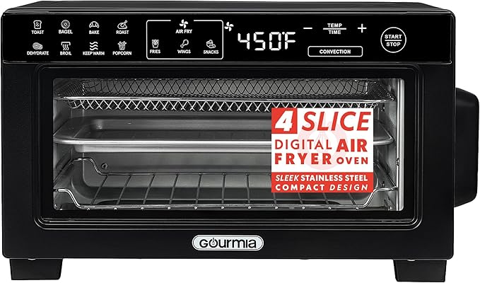 Gourmia Toaster Oven Digital Air Fryer - Convection Mode with 4 Slice Capacity, 3 Rack Positions, 12 Presets, Toast, Bagel, Bake, Roast, Broil, Dehydrate, Popcorn, Fits 9" Pizza, Black