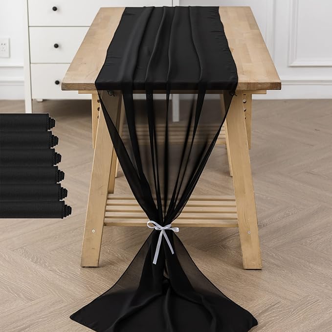flohar 6Pack 9ft Chiffon Table Runner 14x108 Inch Sheer Romantic Table Runner for Wedding Birthday Party Bridal Shower Outdoor Decoration-Black