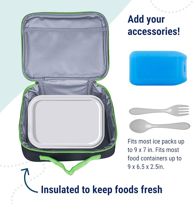 Wildkin Kids Insulated Lunch Box ??Durable and Reusable for School & Travel - Rip-Stop Black/Green