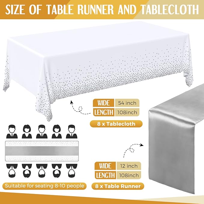 Tudomro 16 Pieces White and Silver Disposable Plastic Tablecloths and Satin Table Runner Set 54x108 Inch Tablecloth 12x108 Inch Table Runners for New Year Wedding Birthday Baby Shower Graduation