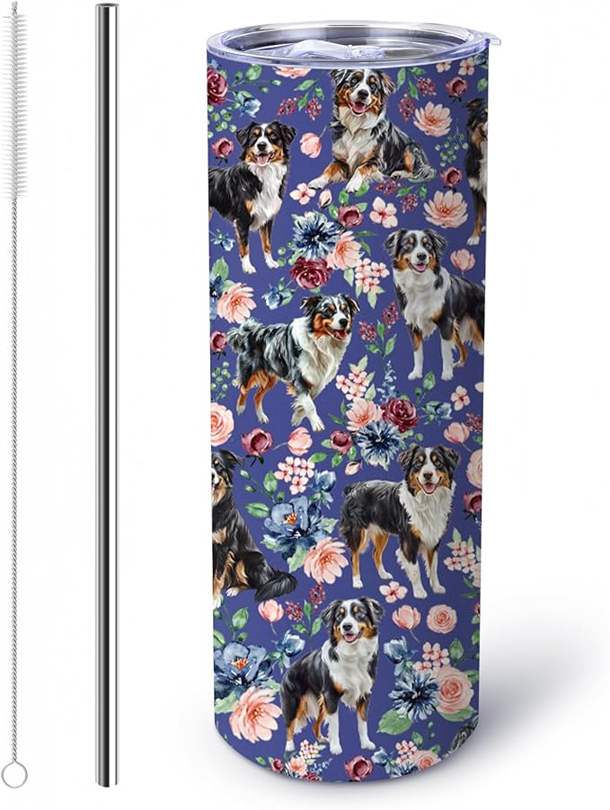Yogusut Australian Shepherd Gifts for Women, 20oz Stainless Steel Insulated Tumbler Travel Mug Cup with Lid Straw Brush, Gifts for Dog Mom Dog Lover