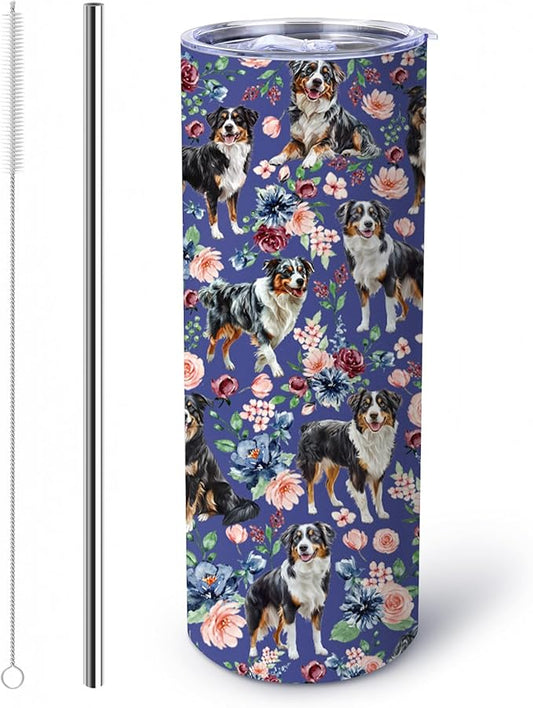 Yogusut Australian Shepherd Gifts for Women, 20oz Stainless Steel Insulated Tumbler Travel Mug Cup with Lid Straw Brush, Gifts for Dog Mom Dog Lover
