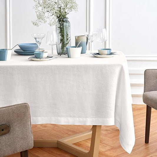 Solino Home White Linen Tablecloth 70 x 120 Inch - 100% Pure Linen Table Cloth for Rectangle Tables - Sonoma, Machine Washable Tablecloth for Winter, Valentines, Spring, Easter