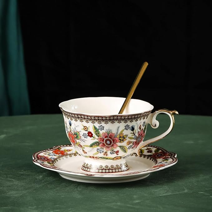 ACMLIFE Bone China Tea Cup and Saucer Set for 1, Vintage Floral Tea Cup with Saucer, Spoon and Gift Box, 6.8 oz (Pink-A)