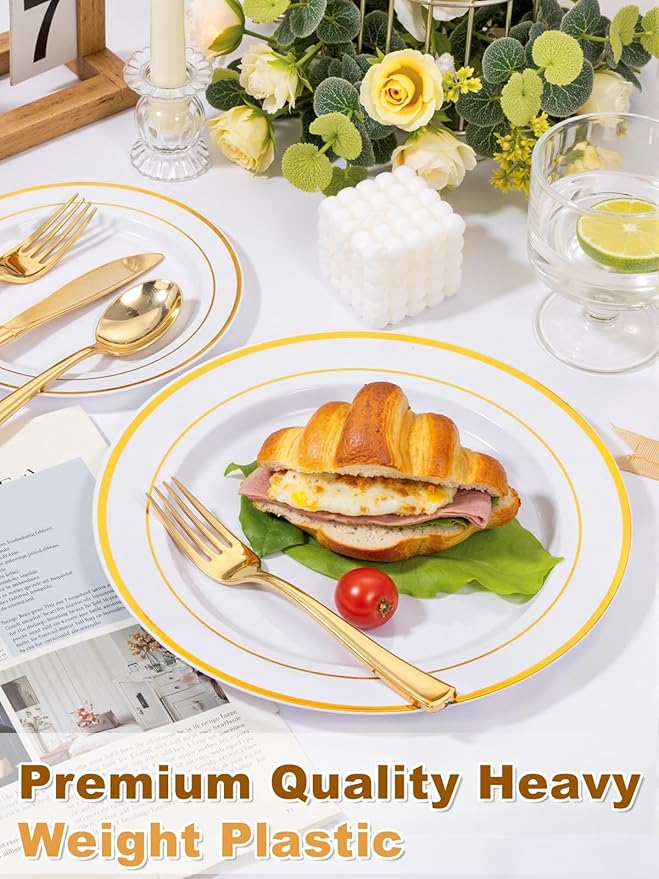 WDF 100 Pcs Gold Plastic Forks - Heavy Duty Sturdy&Durable Forks Disposable 7.4inch - Elegant Gold Forks for Dessert, Durable Plastic Cutlery for Wedding or Daily Using Valentine's Day