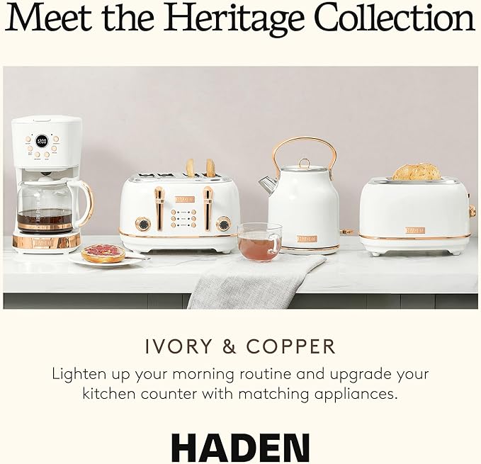 Haden Heritage 4 Slice Wide Slot Stainless Steel Toaster with Adjustable Browning Control & Non-Slip Feet, Ivory & Copper