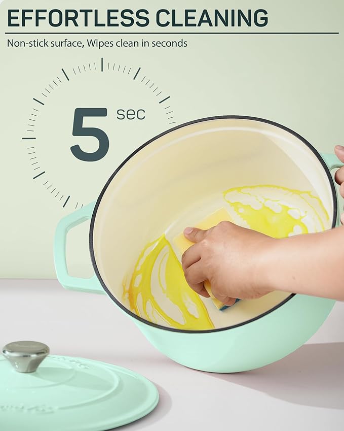 Enameled Cast Iron Dutch Oven ??4.4 Quart Pot with Lid & Potholders ??Heavy-Duty Cookware for Bread Baking, Braising, Stews & Roasting ??Oven & Stovetop Safe up to 500째F ??Mint Green