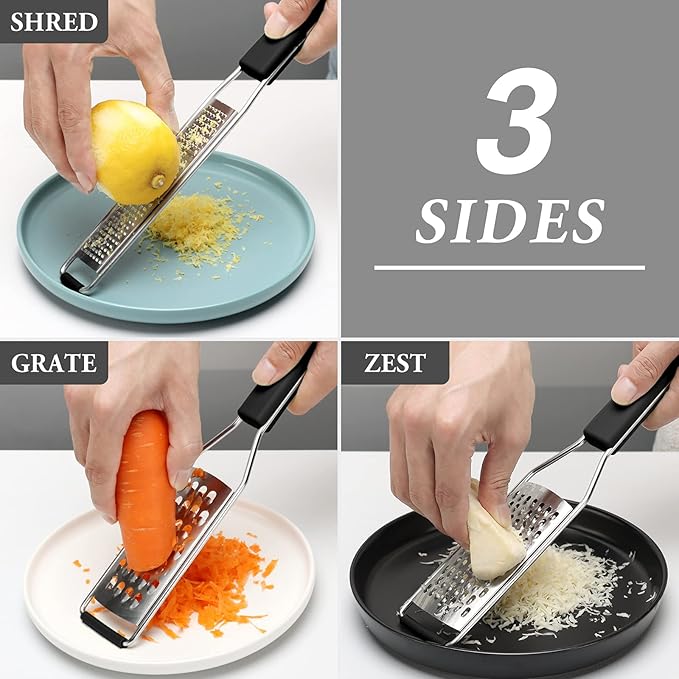 Cambom Lemon Zester Grater Three-piece Suit - Heavy Duty Kitchen Tool for Parmesan Cheese, Ginger, Garlic, Nutmeg, Chocolate, Vegetables竊똅ruits竊똕tainless Steel Grater Dishwasher Safe Black