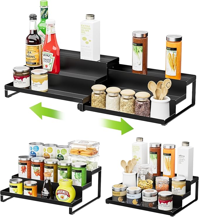 RCHYFEED Spice Rack Organizer for Cabinet, Set of 2 Metal 3 Tier Spice Rack 11.8"-22.8" Expandable Display Risers, Seasoning Organizer for Kitchen, Cabinet, Countertop, Pantry Spice Organizer