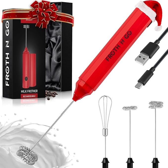 Zulay Froth N Go Milk Frother ??Rechargeable 3-in-1 Handheld Frother Wand with Travel Case & USB-C Charger ??Single, Double & Egg Whisk for Latte, Cappuccino, Matcha, Protein Shakes ??Red