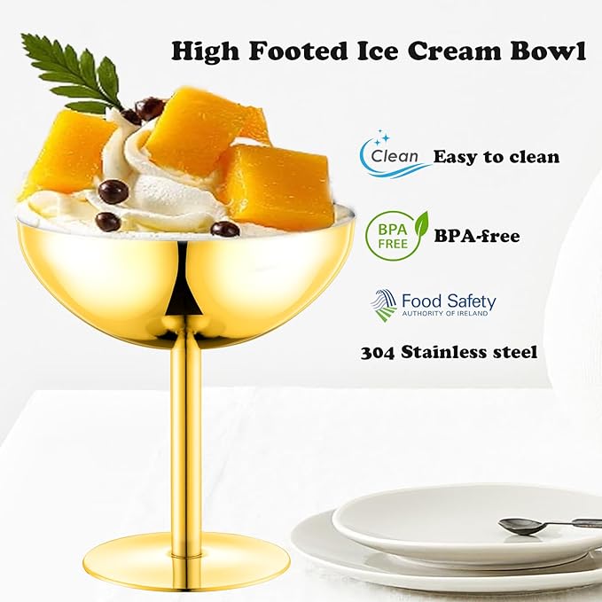 Ice Cream Bowls Stainless Steel Dessert Cups with Spoons Reusable Footed Sundae Cups Ice Cream Cups for Dessert, Frozen Yogurt, Gelato, Birthday Party Decorations (4, Glod)