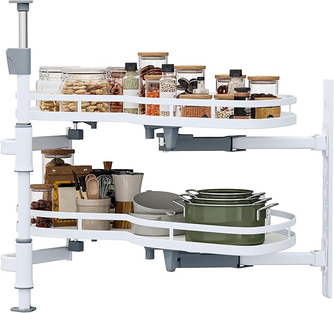 DWVO Corner Cabinet Organizer, 2-Tier Blind Corner Pull Out with 270째 Rotating Shelf, Right Swing Tray, Heavy-Duty Iron, Easy-Install Template, 32.7"x17.3"x21.3", White
