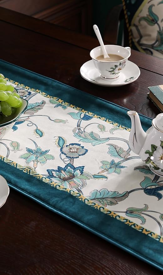 patdrea Designer Elegant French Floral Velvet Table Runner, Teal with Blossoms Pattern Table Mat, Decoration for Kitchen Dining Coffee Table Shelf Cabinet Banquet Thanksgiving,12"*87"