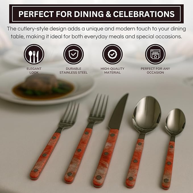 Khen 20-Piece Cutlery Set with Dinner Knives, Forks, Spoons, Salad Forks & Teaspoons ??Durable and Dishwasher Safe Utensil Set for Home, Kitchen, Weddings & Occasions - Blush Storm Pattern Handle