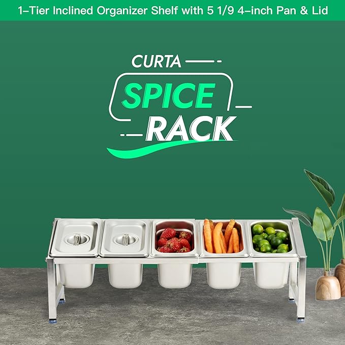 CURTA Expandable 18/8 Stainless Steel Spice Rack Set, NSF Certified, 1-Tier Inclined Organizer Shelf with 5 1/9 4??Pan&Lid, 13.8" - 23.6" Adjustable, Countertop Holder for Seasoning Ingredients