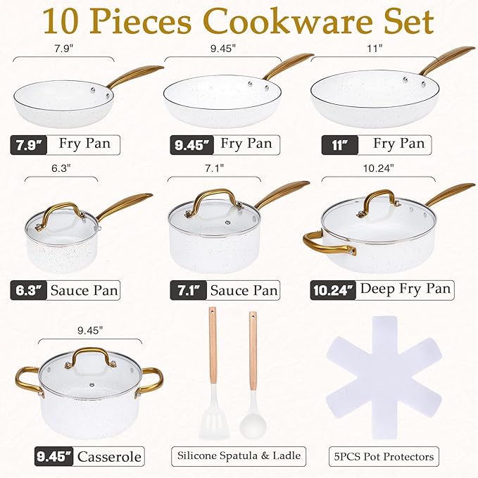 18PCS Nonstick Pots and Pans Set, Ceramic Cookware Set, Kitchen Cooking Sets, Oven/Dishwasher Safe, Space-Saving Design,Compatible with All Stovetops White