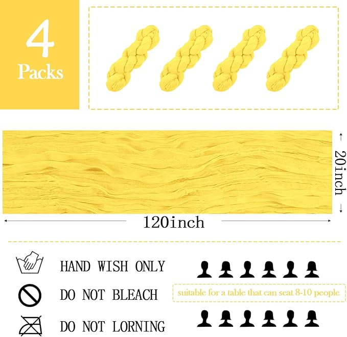 4 Pack Lemon Yellow Cheesecloth Table Runner 20 x 120 inch Gauze Table Runners 10 FT Long,Semi Sheer Boho Cheese Cloth Fabric Table Runner Bulk for Party,Wedding,Baby Shower,Bridal Shower Decoration