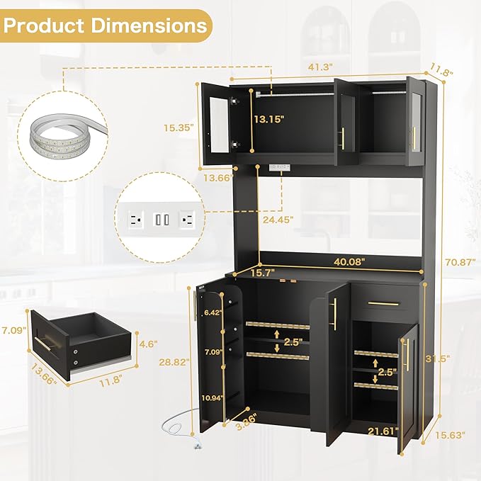 Kitchen Hutch Storage Cabinet: 71" Tall Black Pantry Cabinet with Microwave Shelf, Shaker Style Food Storage Cabinets with Doors and Countertop, with Lights and Charging Station (Black)