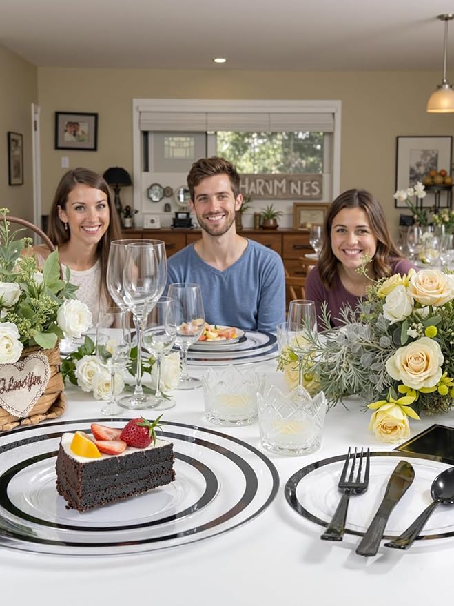 WDF 25 Pack Black Charger Plates - Clear Charges with Black Trim - 12inch Disposable Chargers Plates for New Year/Dinner Party/Wedding/Birthday