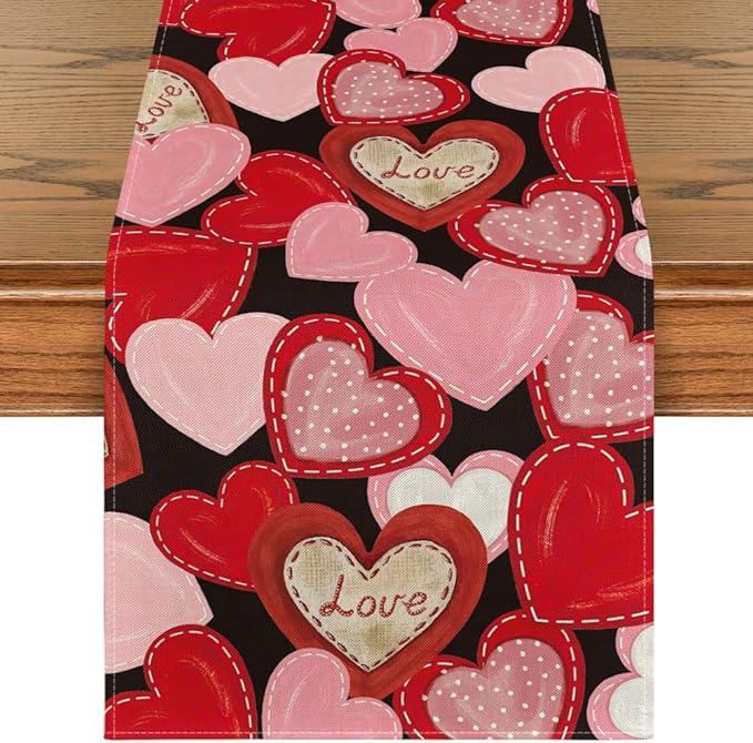 Artoid Mode Black Pink Love Heart Valentine's Table Runner, Seasonal Anniversary Kitchen Dining Table Decoration for Home Party Decor 13x60 Inch
