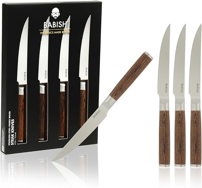 Babish 4-Piece 1.4116 German Stainless Steel Steak Knife Set with Dark Pakka Wood Handles ??Full-Tang Steak Knives for Dining, Entertaining & Everyday Table Use