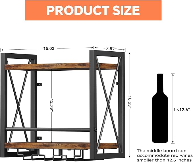 Homeiju Wall Mounted Wine Rack, Bottle & Glass Holder Wood-Metal Retro Wine Rack, Wine Bottles Display Wall Storage for Kitchen Dining Room Home Bar