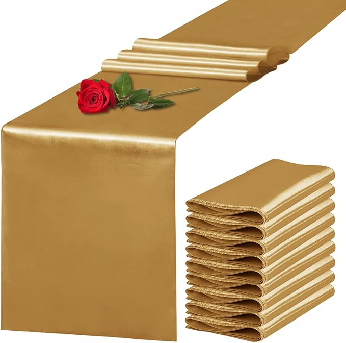 Yblut 10 Pack Satin Table Runner 12 x 108 Inch Long Old Gold Silk Table Runner for Wedding Party Banquet Birthday Decoration