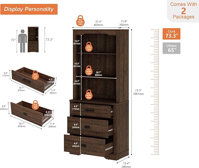 WAMPAT 3 Tier Pantry Cabinet with Drawer,73.3" Tall Floor Standing Cupboard,Modern Farmhouse Display Kitchen Buffet with Adjustable Shelves for Dining Room,Living Room,Rustic Brown