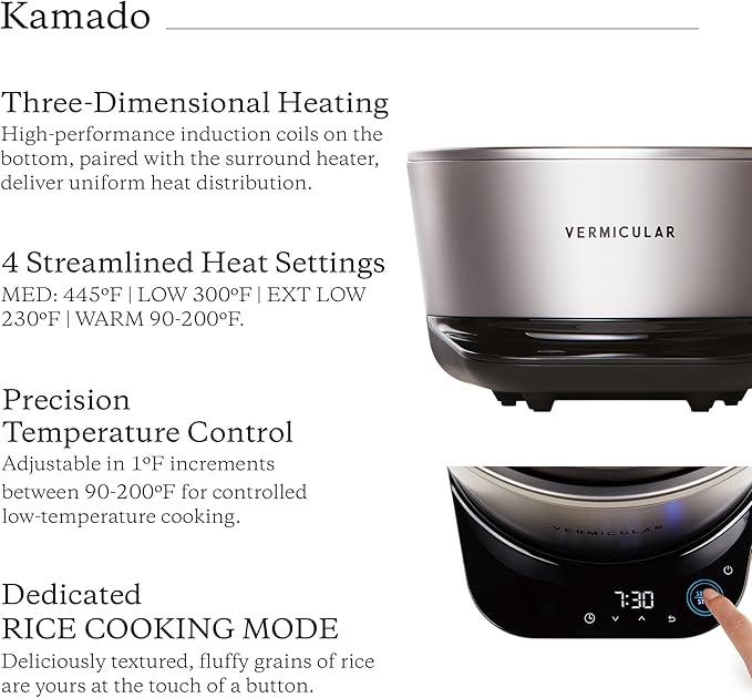Vermicular Musui?밙amado (RICEPOT) | Cast Iron Induction Cooker | Precision Multicooker | Japanese Rice Cooker | Slow Cooker | Non-Toxic Enameled Cast Iron Pot | Matte Black & Silver | US Model (120V)