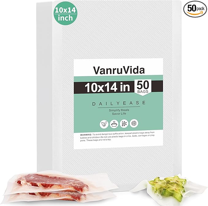 VanruVida Vacuum Sealer Bags, 50 Count 10??x 14??BPA Free,Commercial Grade Textured PreCut Bag with Double Tear Notches, Perfect for Food Storage, Freezer, Meal Prep, or Sous Vide