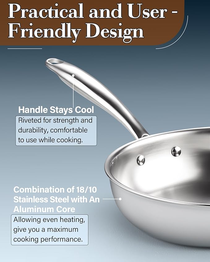 Cook N Home 10-inch Stainless Steel Frying Pan, Tri-Ply Clad 18/10 Stainless Steel Skillet Saut챕 Cooking Fry Pan, Induction Cookware, Silver