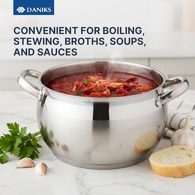 Daniks Classic 6.5 Quart Stainless Steel Stock Pot with Glass Lid, Tri-Ply Bottom for Even Heating, Induction Compatible, Dishwasher Safe